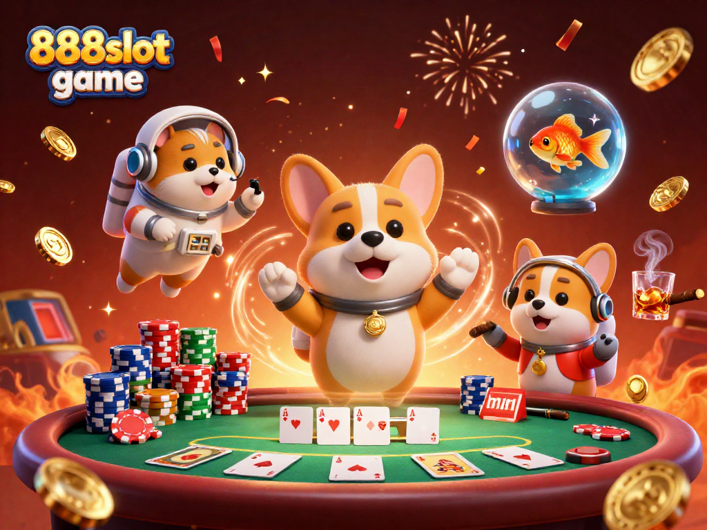 Experience the thrill of the 888slot game as playful characters engage with drifting poker chips and vibrant casino elements.
