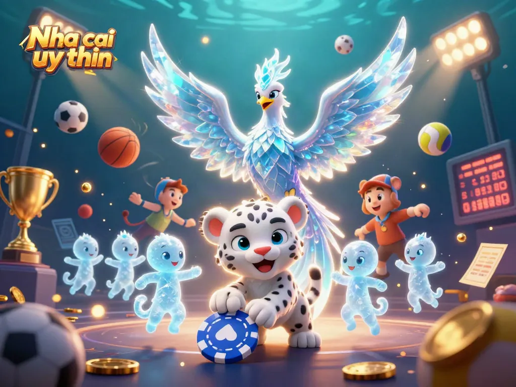 Nha cai uy tin showcases a captivating scene of an ice phoenix, snow leopard, and ice sprites amidst dynamic casino elements like sports balls and golden coins.