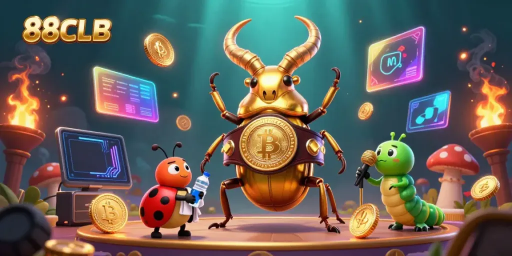 Engage in thrilling gameplay with 88CLB's vibrant 3D casino illustration featuring a golden stag beetle champion and engaging crypto elements.
