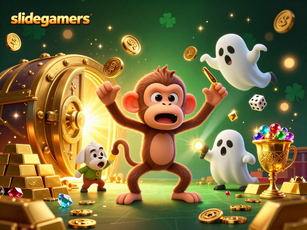 Unveiling treasures in a haunted casino with slidegamers' mischievous monkey and curious ghost-hunter puppy.