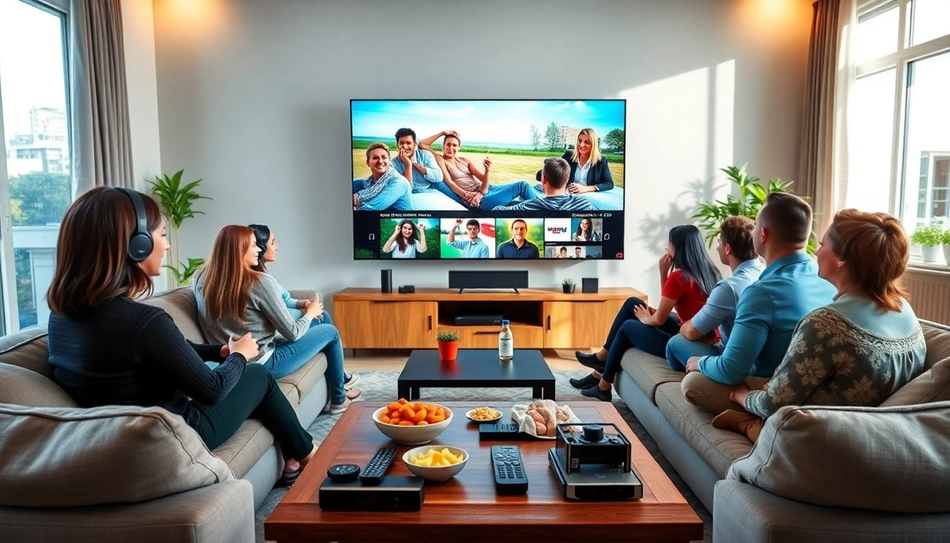 Enjoying an IPTV free trial in a stylish living room setup with friends.