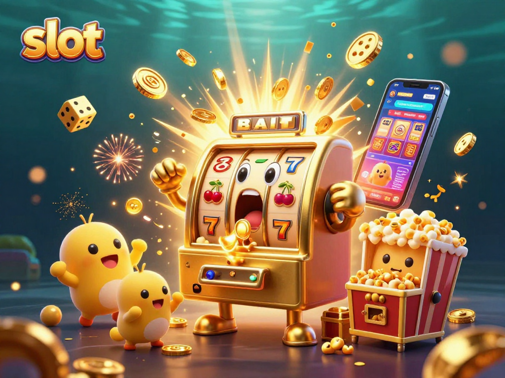 Slot players cheering as the golden slot machine hits a jackpot, surrounded by coins and casino symbols.