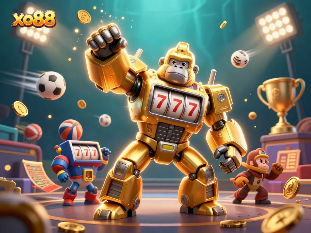 Betting big on xo88 with an action-packed 3D illustration featuring a golden gorilla mech and dynamic elements.