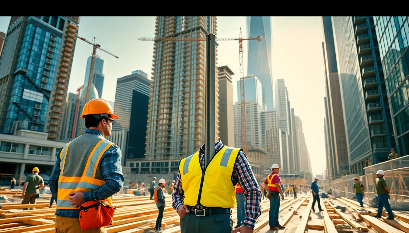 New York General Contractor guiding a team on a busy construction site, showcasing urban renovations.