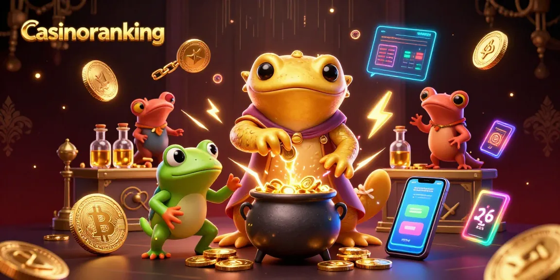 Experience winning strategies with casinoranking's vibrant casino illustration featuring alchemy and cryptocurrency themes.