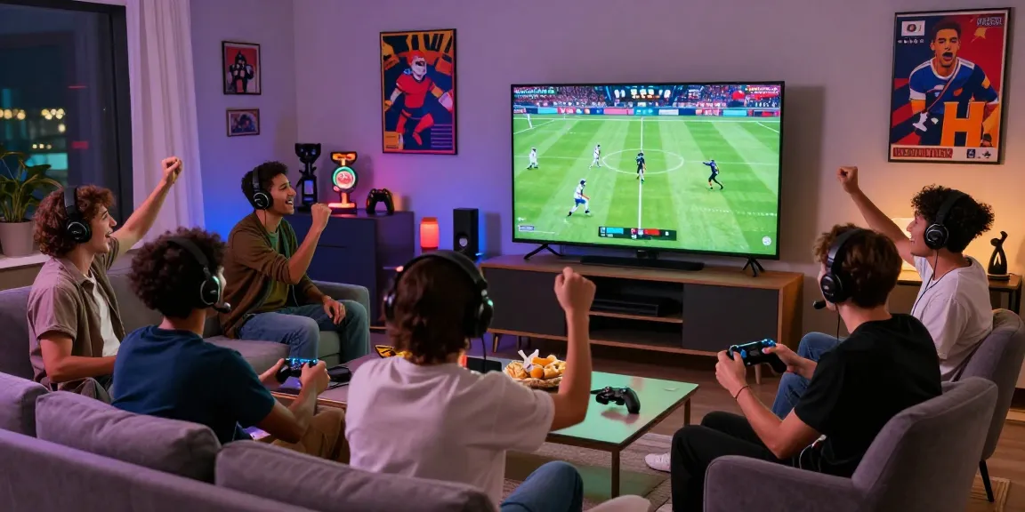 Engaging friends enjoying an exciting online game session centered around Bola88 in a modern living room.