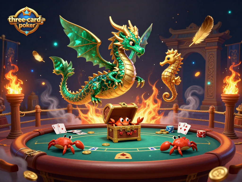 Engage in three-card-poker excitement with a vibrant poker table illustration and enchanting characters.