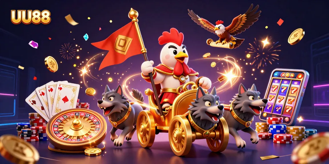 UU88 showcases a vibrant gaming scene with a cartoon rooster warlord and dynamic casino elements.