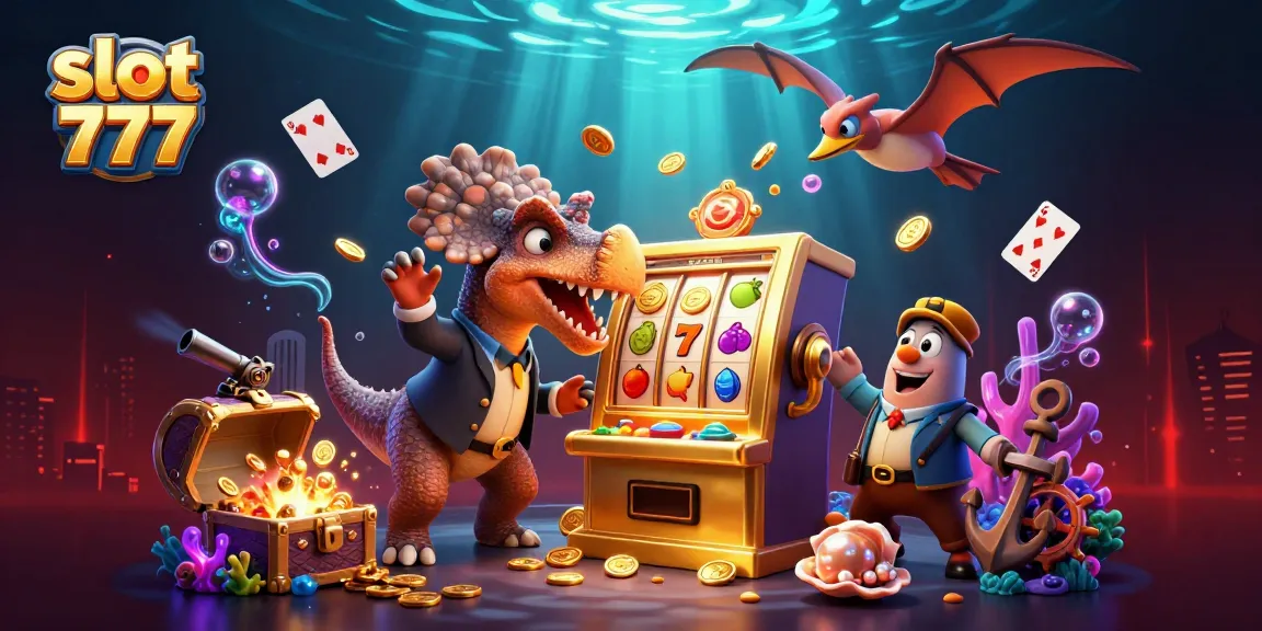 Explore the excitement of slot 777 as a pachycephalosaurus hits a jackpot machine amidst golden coins.
