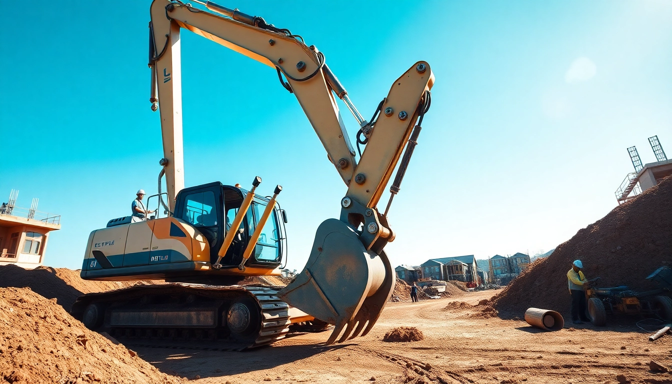 Excavator digging at a construction site with heavy machinery and workers.