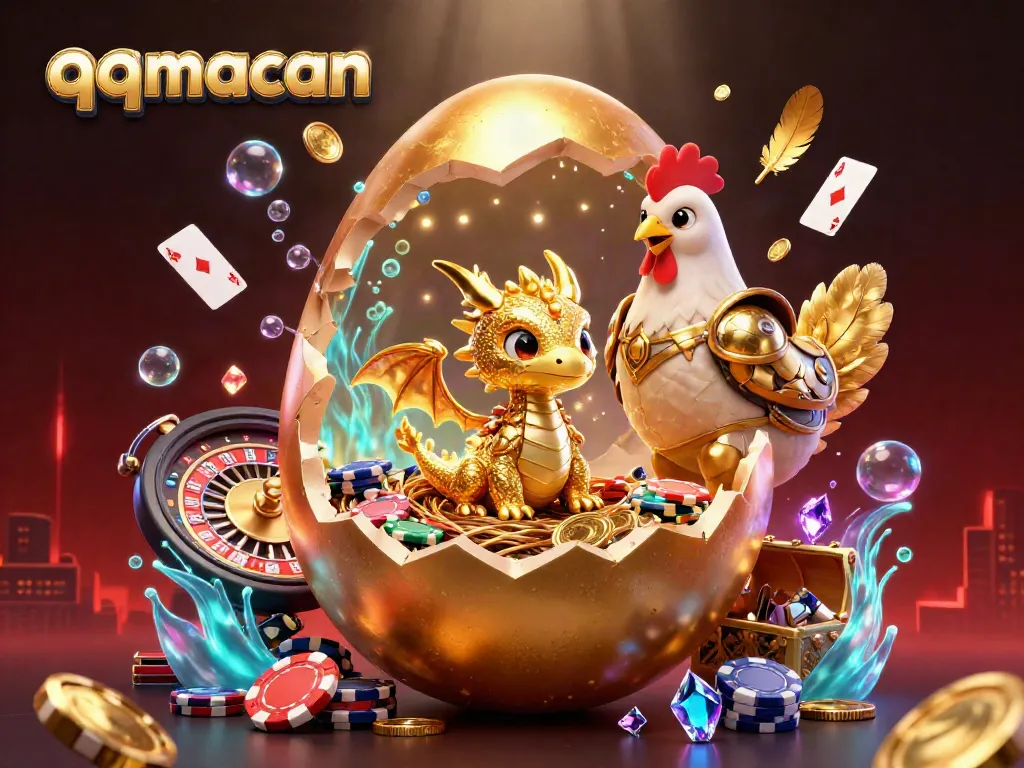 Engage in thrilling games at qqmacan with a stunning golden dragon and vibrant casino elements.