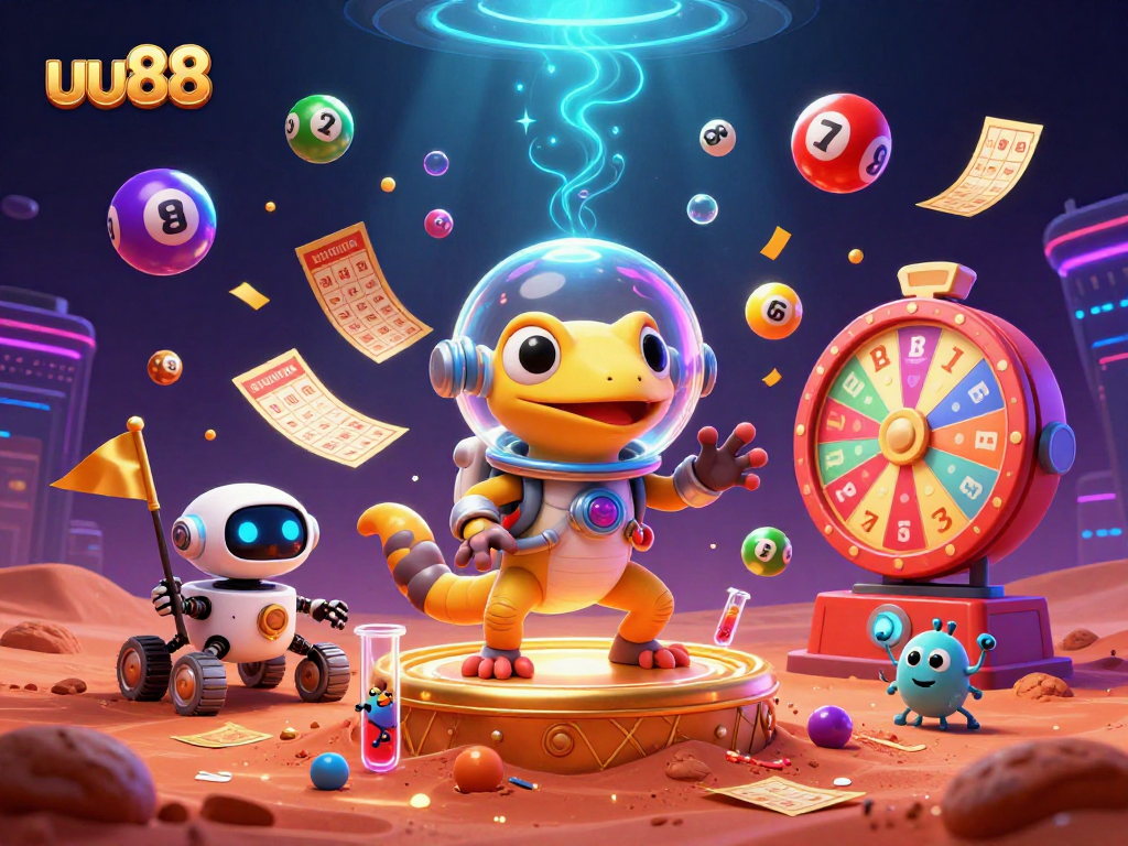 uu88 lottery excitement illustrated with a Martian gecko discovering a golden casino