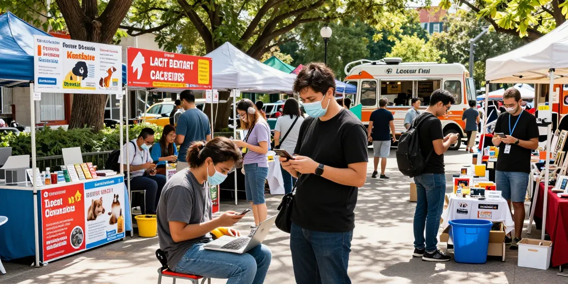 Community members using bedpersonal for local classifieds in a vibrant marketplace.