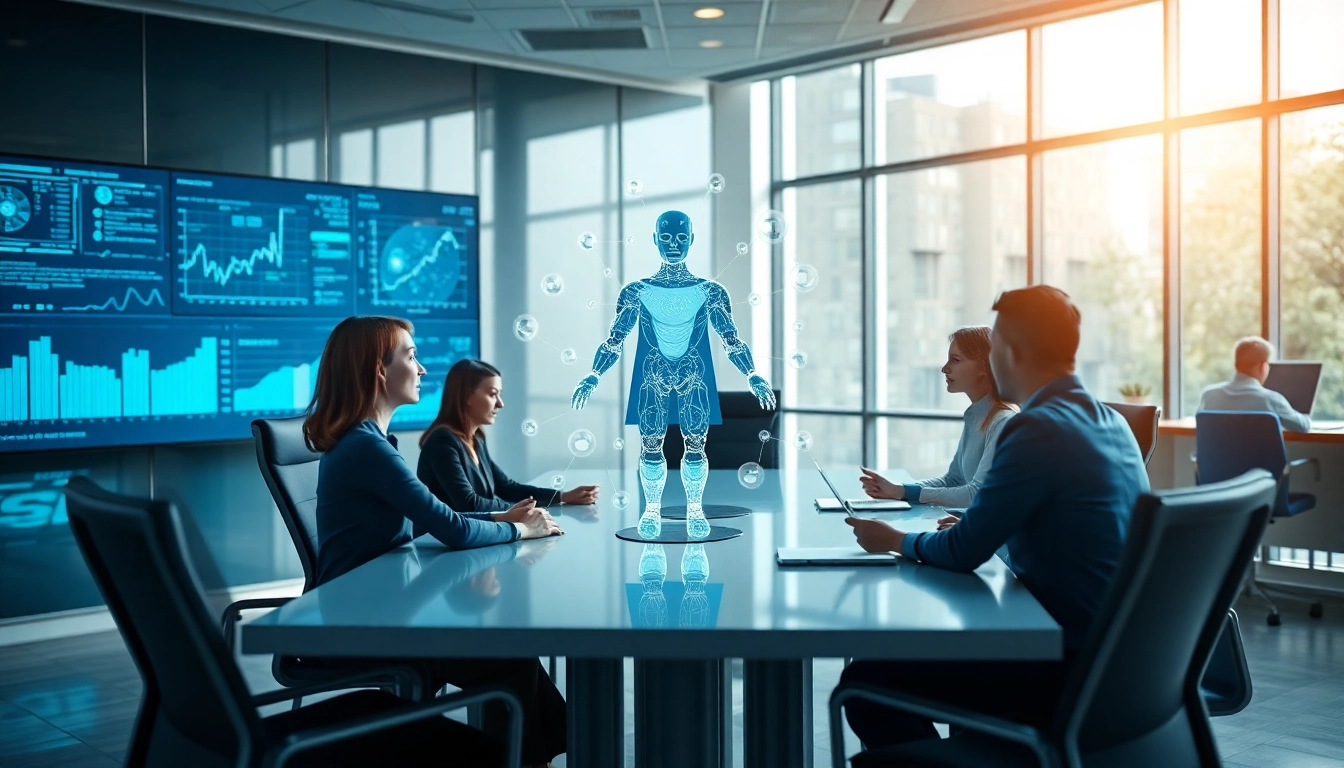 AI agents holographic interaction enhancing teamwork in a tech-filled office space.