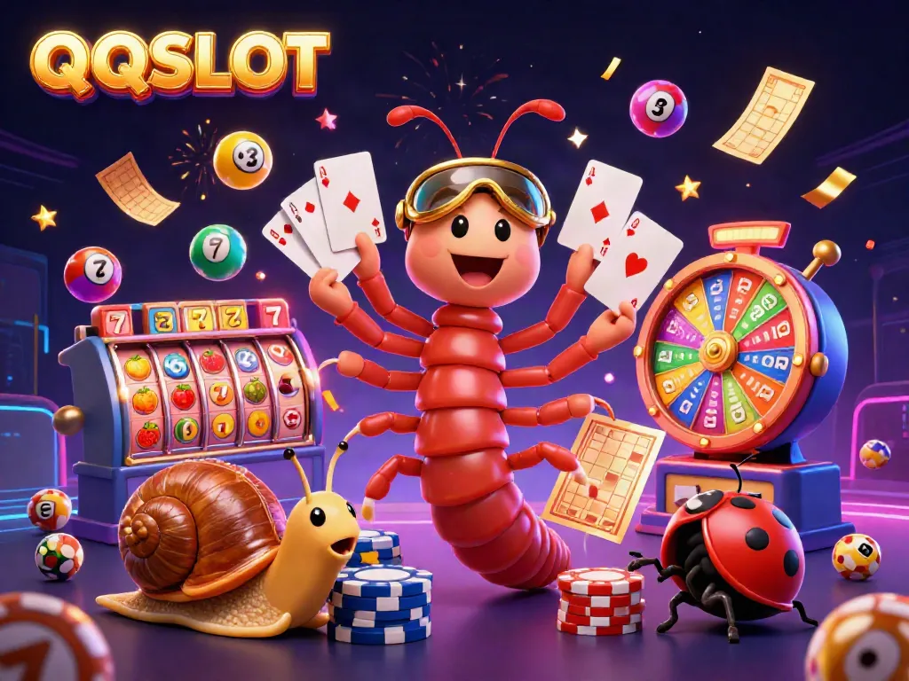 Experience QQSLOT excitement with a vibrant scene of animated characters and casino elements.
