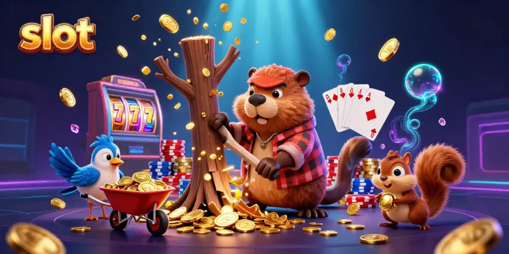 Mainkan slot dengan ilustrasi beaver pemotong pohon yang menghasilkan koin emas.
