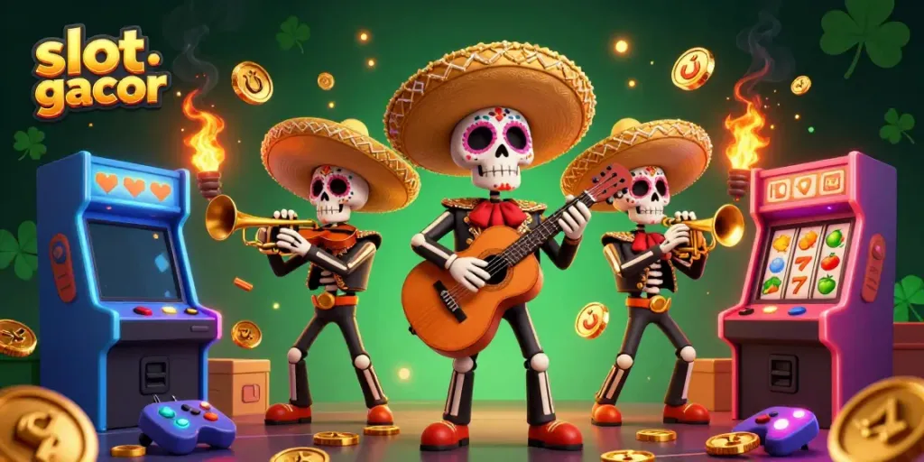 Memenangkan slot gacor dengan band mariachi berlatarkan mesin permainan dan simbol keberuntungan.