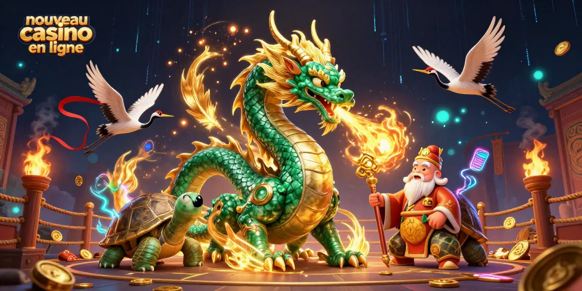 Jouez au nouveau casino en ligne avec un dragon émeraude et une tortue sage dans une scène fascinante.