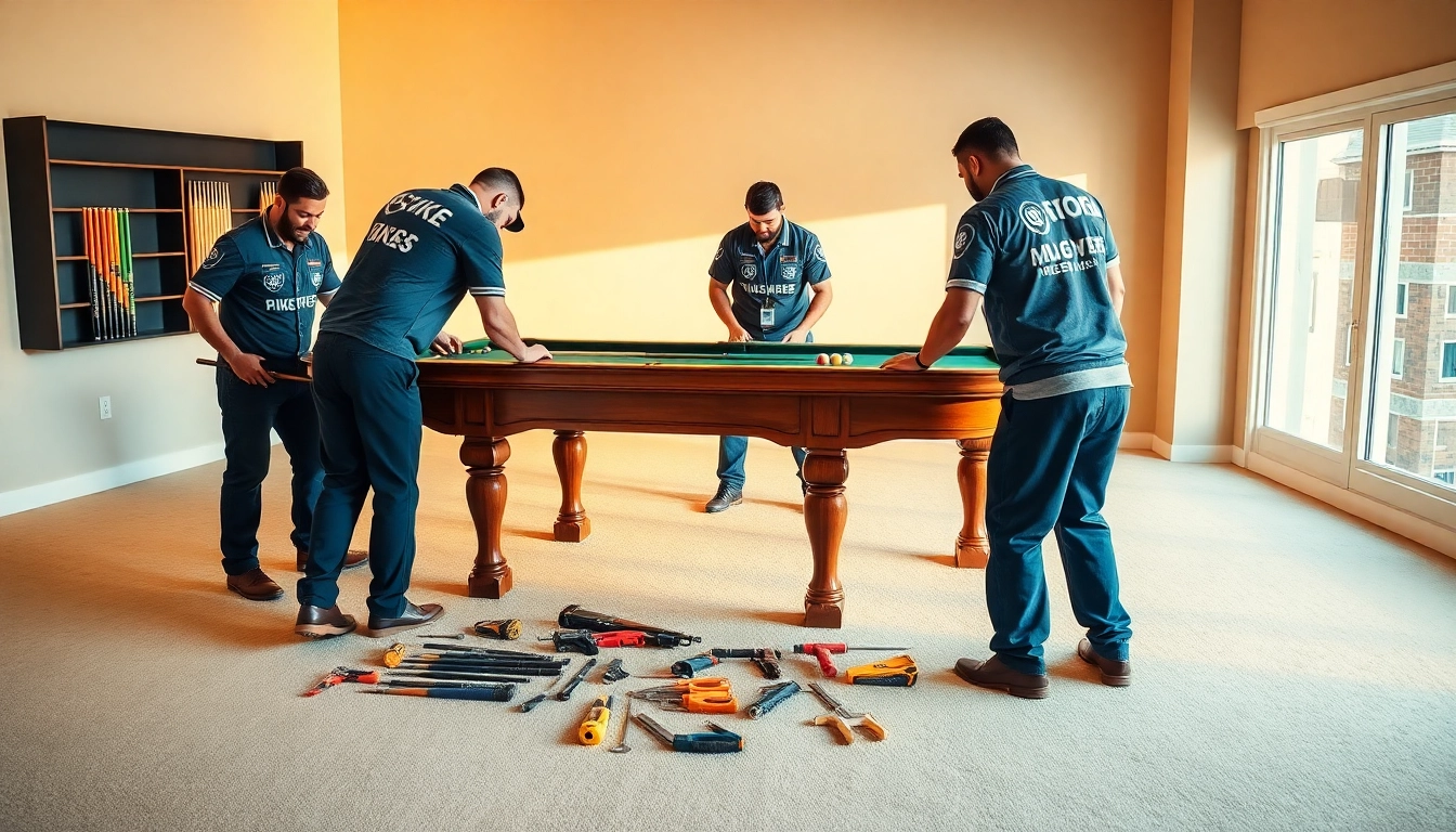 Game table movers services disassembling a billiard table with tools in a spacious, well-lit room.