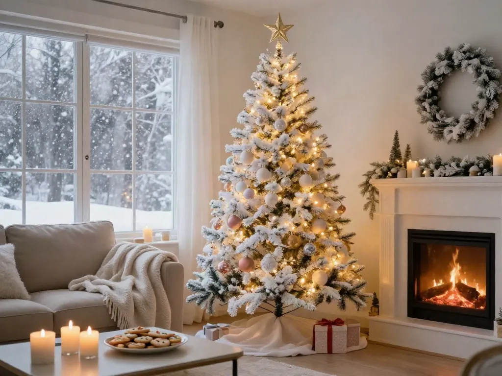 Cozy living room featuring a beautifully decorated christmas tree with white ornaments and soft golden lights.
