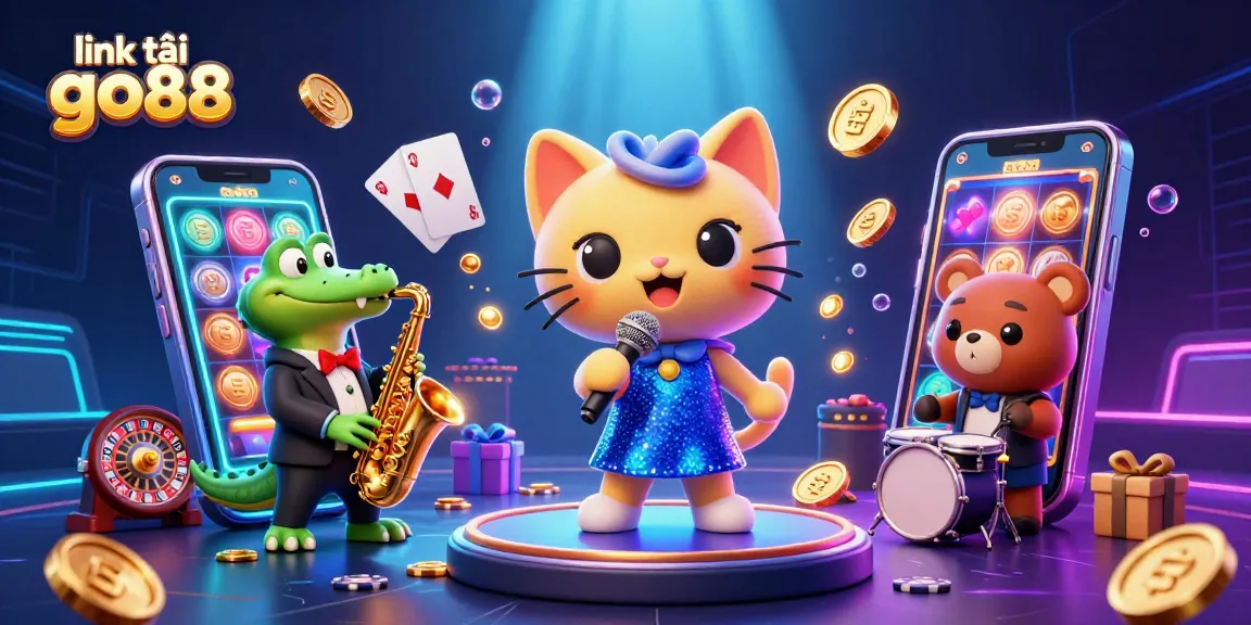 Experience thrilling gaming adventures with link tải go88 in this vibrant 3D illustration featuring a jazzy cat, crocodile, and bear cub amidst dynamic casino elements.
