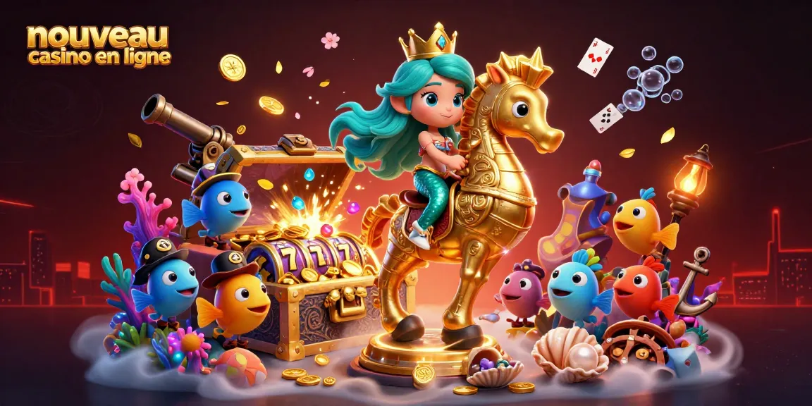 Illustration captivante de "nouveau casino en ligne" avec une princesse sirène et un cheval de mer jouant au casino sous-marin.