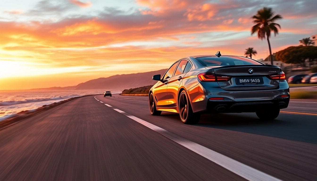 Luxury BMW car cruising on a coastal road during sunset surrounded by scenic beauty.