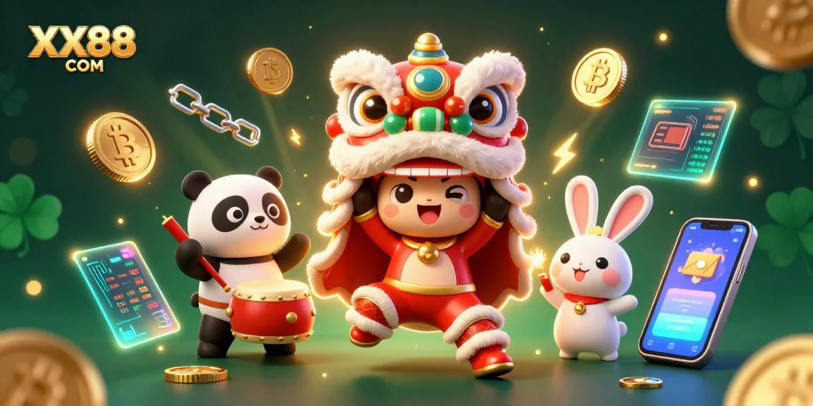 Experience thrilling casino gaming at XX88 COM with a vibrant lion dance scene and crypto elements.