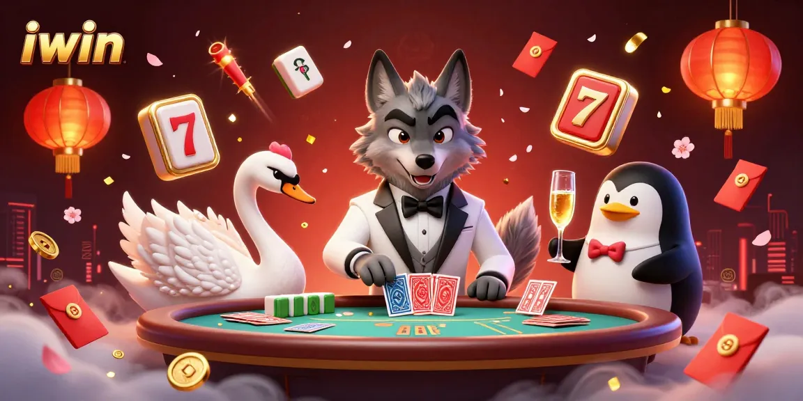 Experience thrilling iwin gameplay with the debonair wolf and elegant swan at a vibrant casino scene.