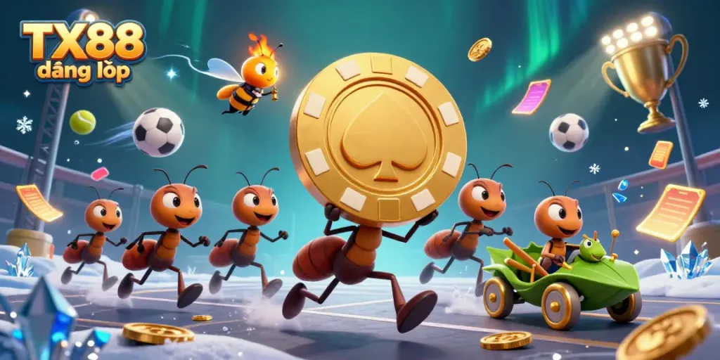 Engaging scene of ants heisting a golden poker chip emphasizing TX88 đăng nhập, vibrant casino dynamic