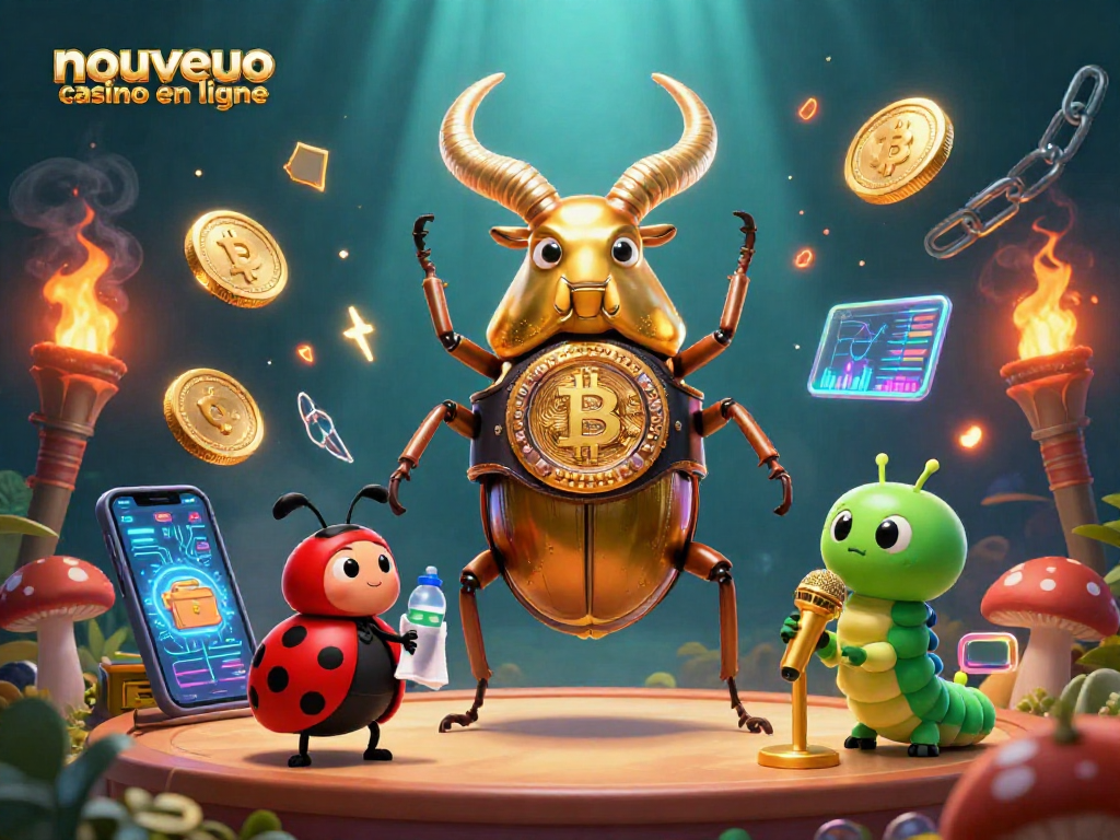 Plongez dans l'univers du nouveau casino en ligne avec cette illustration dynamique remplie de crypto-monnaies et de personnages uniques.