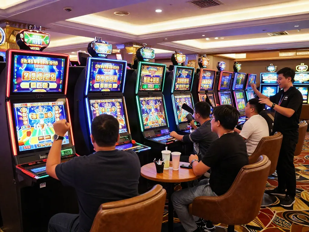 Players celebrating wins at vibrant slot gacor machines in a lively casino.