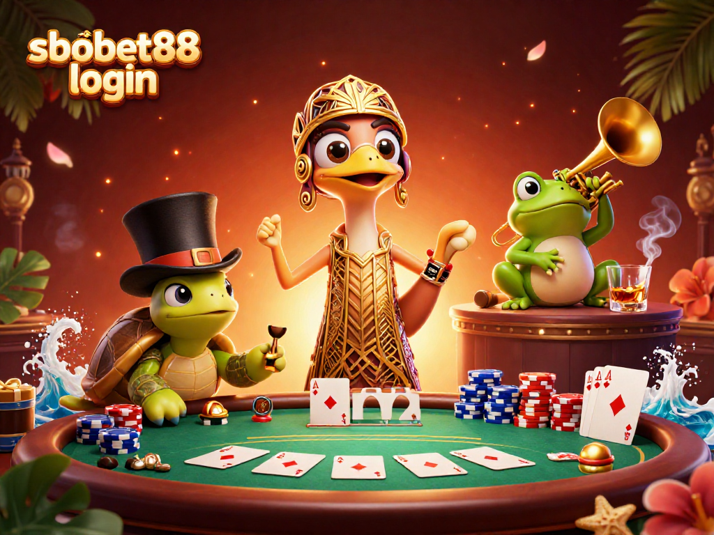 Engage with sbobet88 login at this vibrant casino scene depicting colorful gameplay elements and whimsical characters.