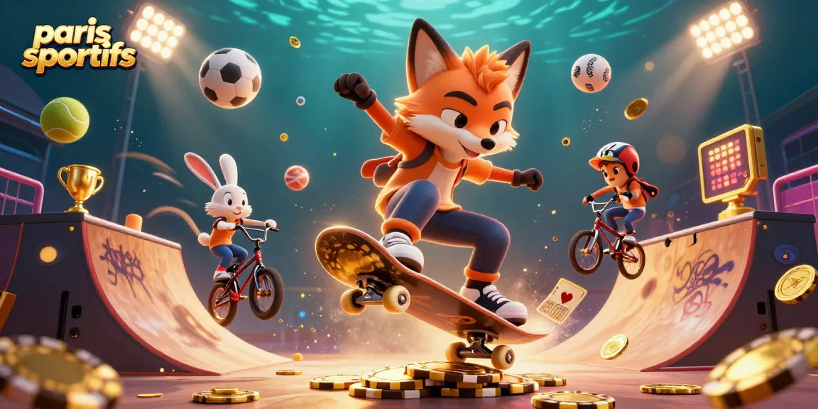 Illustration 3D dynamique montrant un renard faisant un kickflip et un lapin BMX, symboles de paris sportifs en arrière-plan.