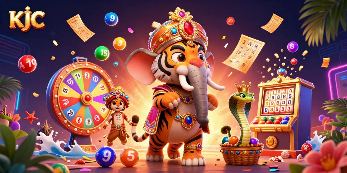 KJC captivates with a vibrant, animated scene of gambling excitement filled with colorful lottery elements and a majestic maharaja tiger.