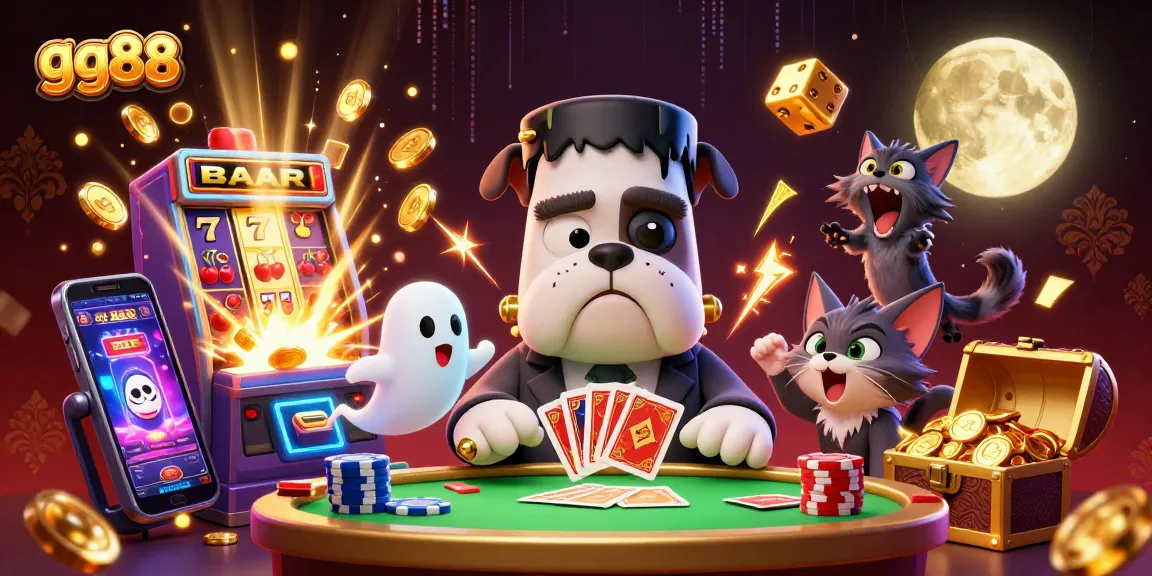 Join the exciting action at gg88 as a Frankenstein bulldog monster deals cards at a vibrant casino table!