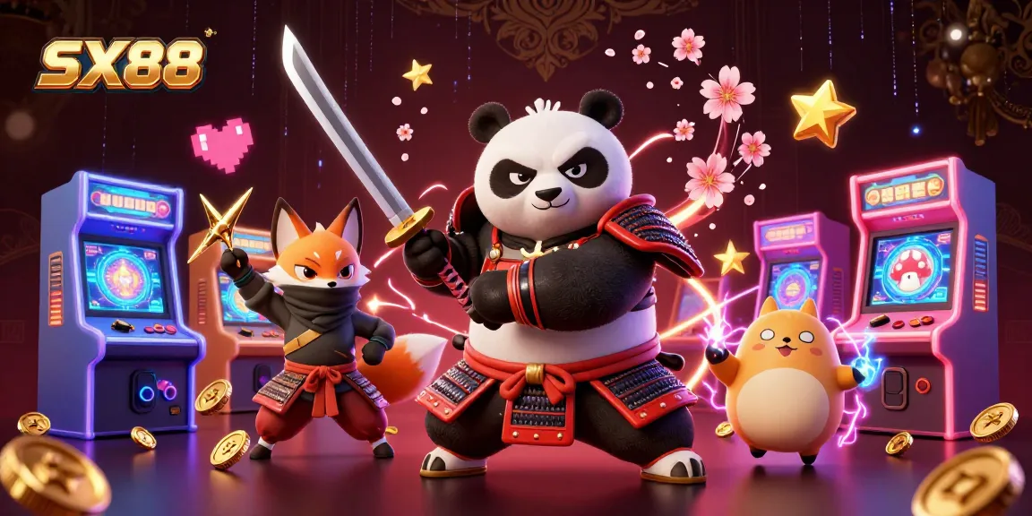 SX88 brings thrilling gaming action, featuring a cartoon samurai panda, ninja fox, and enchanting spirit tanuki in a dynamic casino scene.