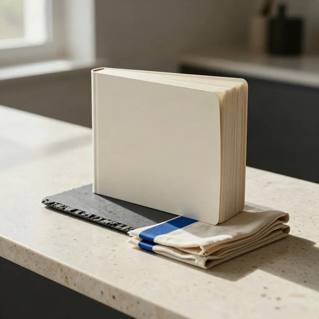 Annual copy bundle of unbranded card decks opening on a stone counter with a cobalt accent.