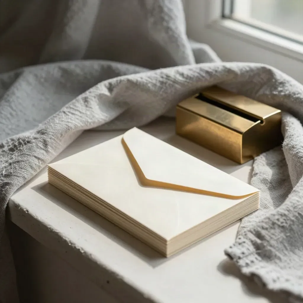 Linen-draped cream card pack with brass weight and envelope in soft window light.