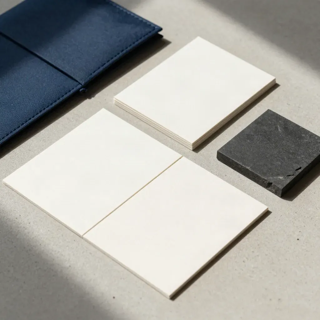 Overhead grid of blank cards, navy pouch and stone sample on pale concrete