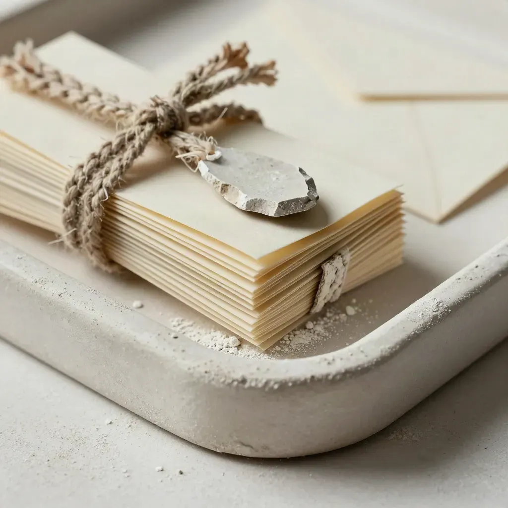 Macro of paper subject-line slips tied with linen in a plaster tray with ceramic shard.