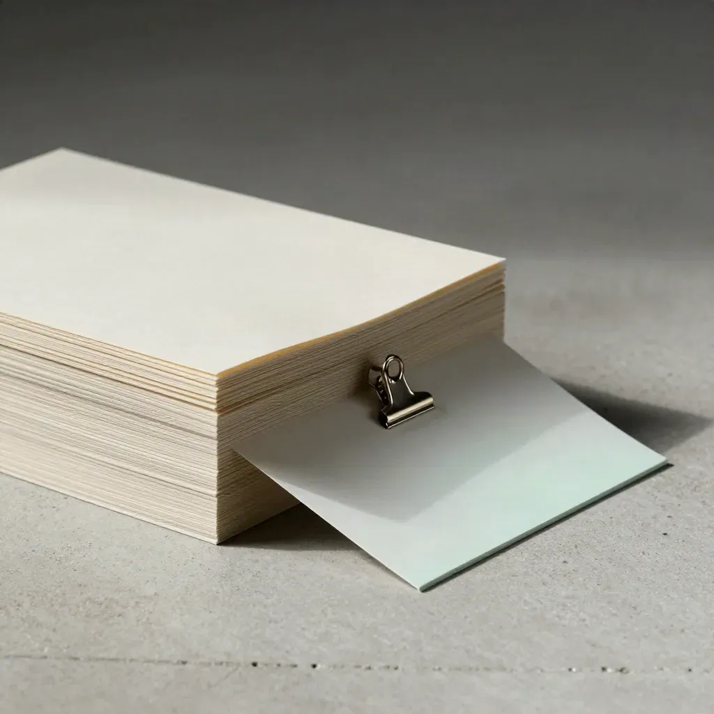 Diagonal stack of copy cards on pale concrete with cloth, metal clip and hard studio shadow.