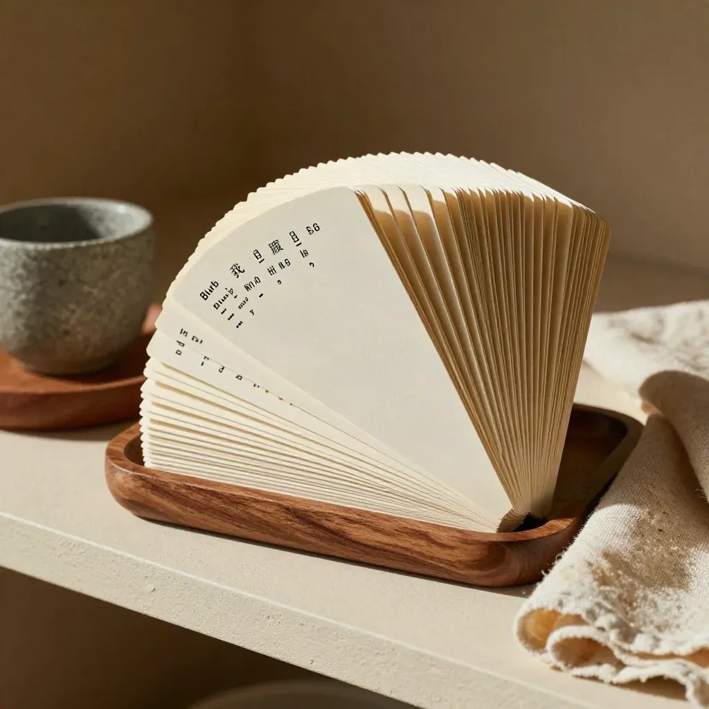 Blank fan of cards beside a walnut tray, stone cup, and folded muslin in soft light.