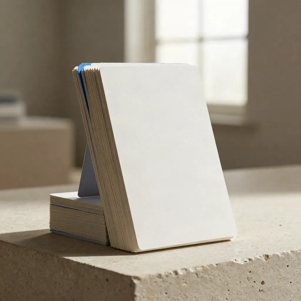 Slim SEO snippet pack with nested blank card stacks on pale stone, lit like a studio hero.