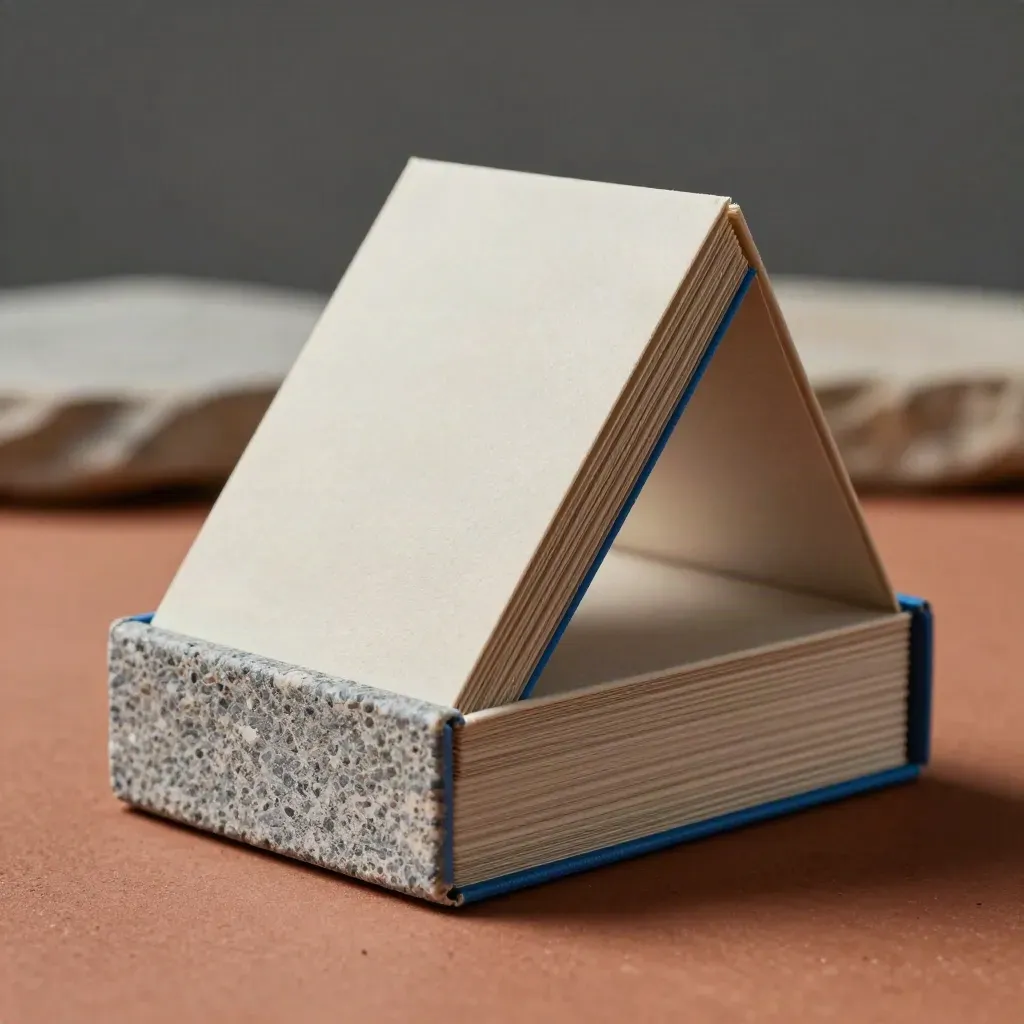 Macro of a card box, stacked inserts, and rough stone under raking light.