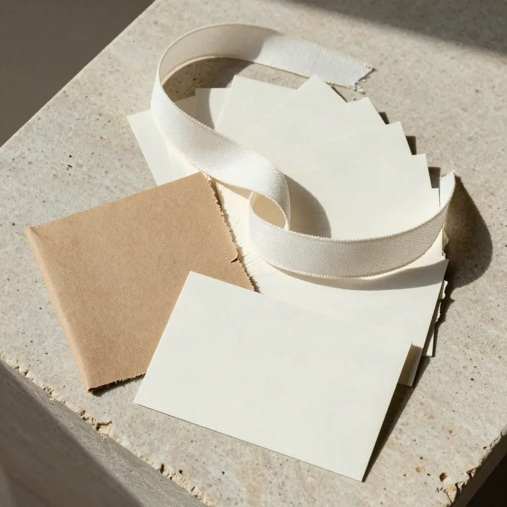 Overhead spiral of blank cards, kraft sleeve and linen ribbon on pale stone.