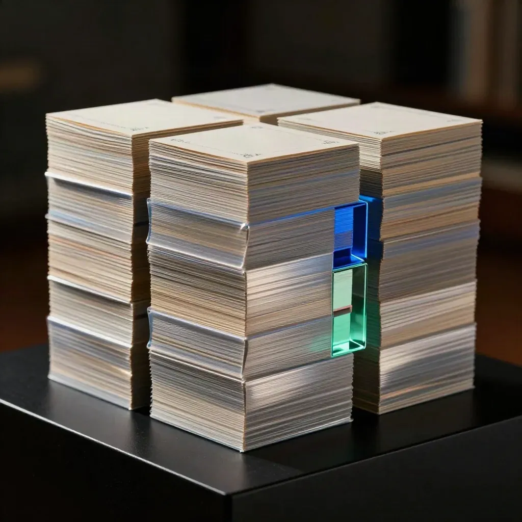 Towering slipcases and card decks with cobalt glass on brushed steel, lit with mint reflections.