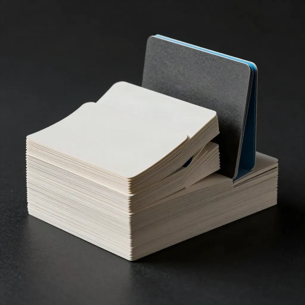 Five stepped blank card stacks with two sleeves on a dark studio surface.
