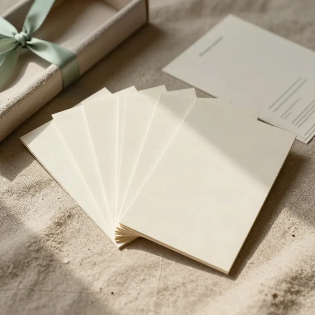 Fanned blank blurbs in a premium kit on rumpled linen with mint accents.