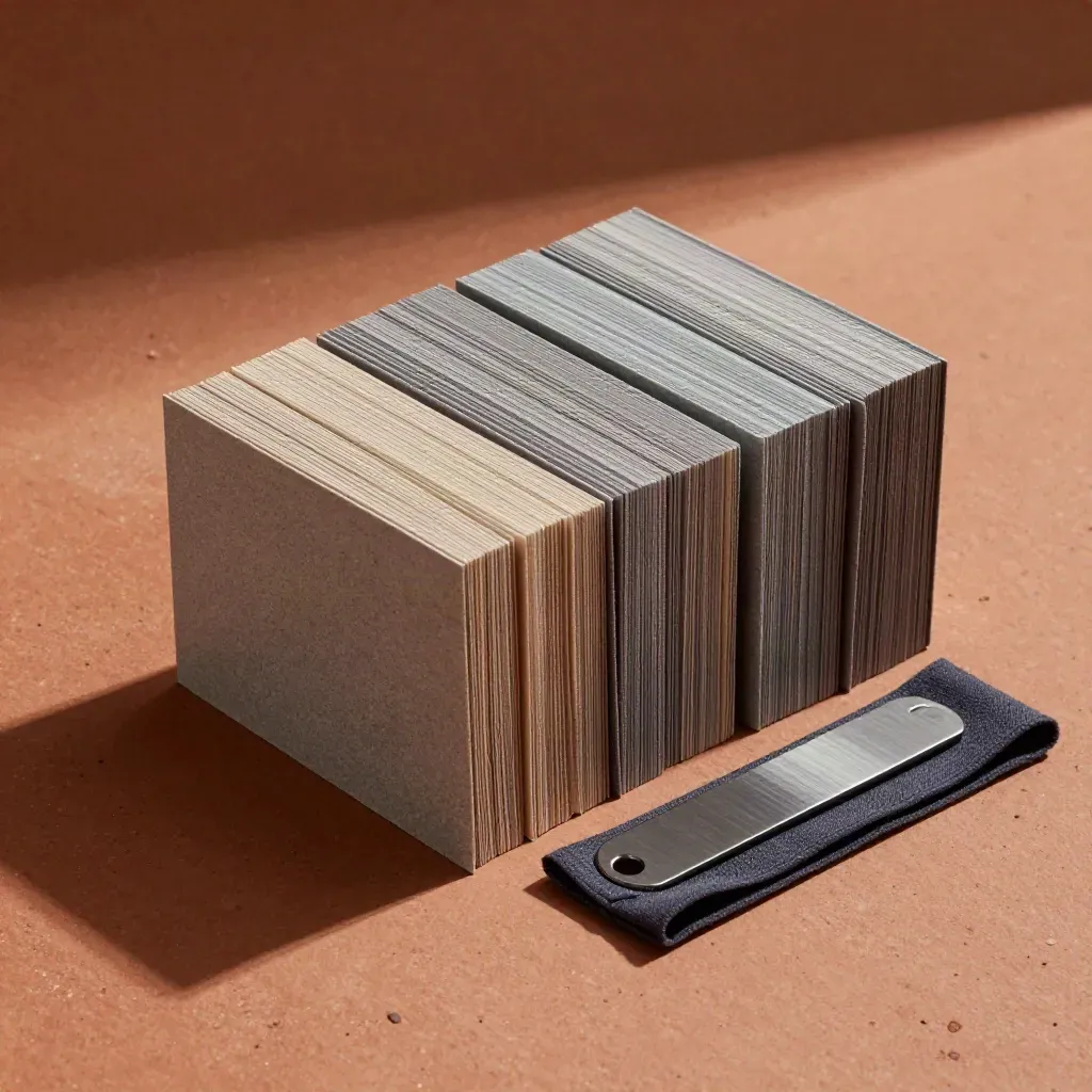 Ad-test card stacks, stone paperweight, and folded cloth on terracotta slab